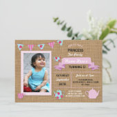 Burlap Princess Tea Party Pink Birthday Invite Kaart (Staand voorkant)