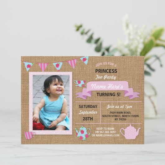 Burlap Princess Tea Party Pink Birthday Invite Kaart (Staand voorkant)