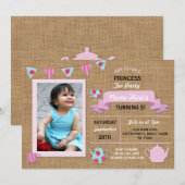 Burlap Princess Tea Party Pink Birthday Invite Kaart (Voorkant / Achterkant)