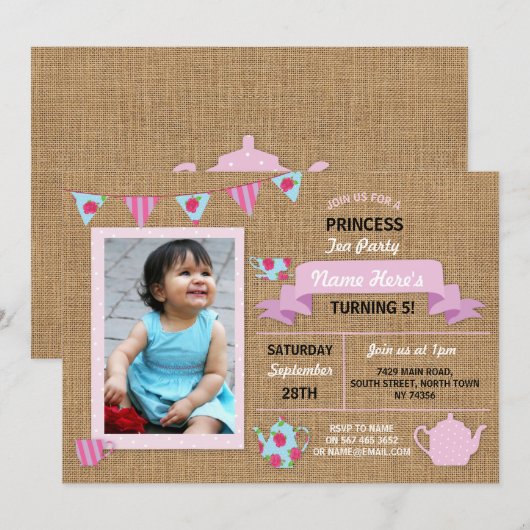 Burlap Princess Tea Party Pink Birthday Invite Kaart (Voorkant / Achterkant)