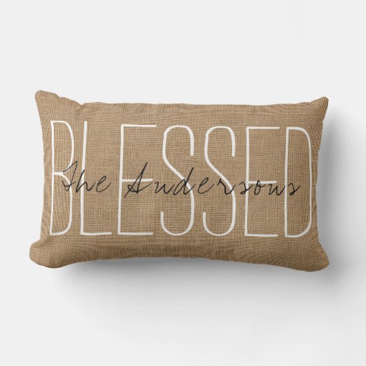 Burlap Print Blessed Family Name Pillow Kussen (Voorkant)