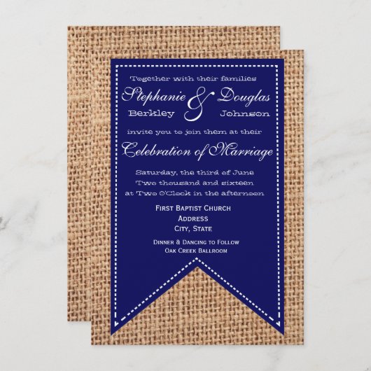 Burlap Print Blue Rustic Wedding Invitations Kaart (Voorkant / Achterkant)