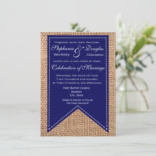 Burlap Print Blue Rustic Wedding Invitations Kaart (Staand voorkant)