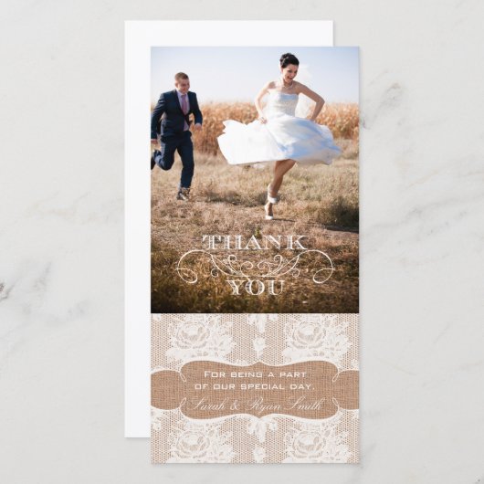 Burlap Print Kant Bruiloft Dank u Foto Kaarten (Voorkant / Achterkant)