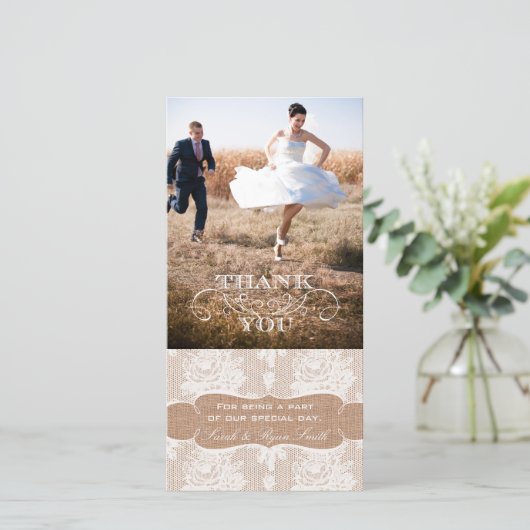 Burlap Print Kant Bruiloft Dank u Foto Kaarten (Staand voorkant)