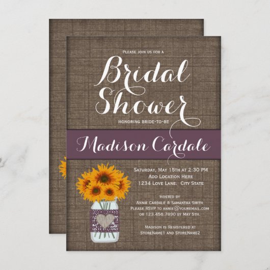 Burlap Print Mason Jar Bridal Shower-uitnodigingen Kaart (Voorkant / Achterkant)
