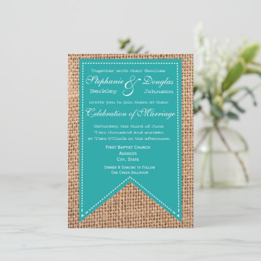 Burlap Print Turquoise Rustic Wedding Invitations Kaart (Staand voorkant)