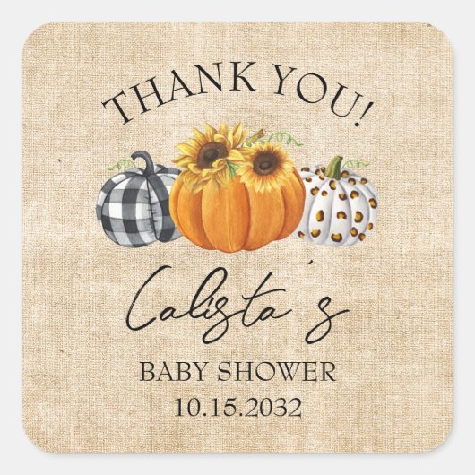 Burlap Pumpkin & Sunflower Baby shower Dank u wel Vierkante Sticker (Voorkant)