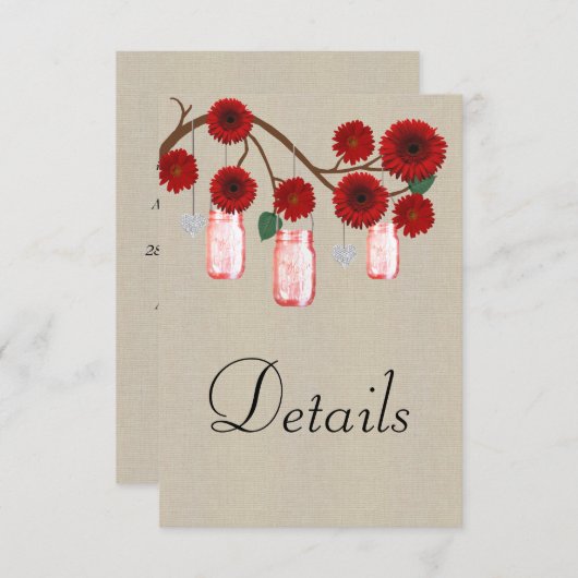 Burlap Red Floral Mason Jars Wedding Details Informatiekaartje (Voorkant / Achterkant)