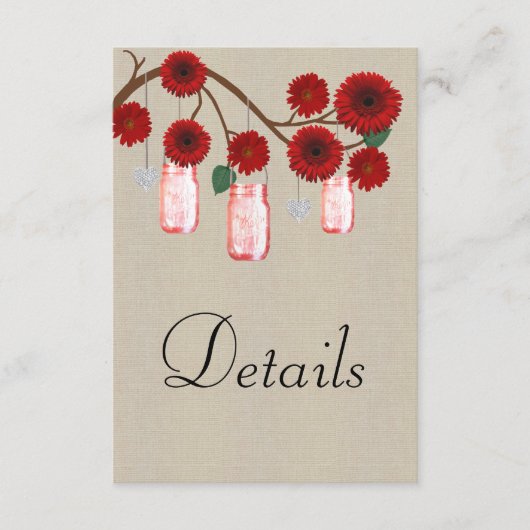 Burlap Red Floral Mason Jars Wedding Details Informatiekaartje (Voorkant)