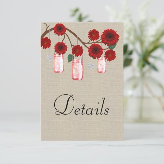 Burlap Red Floral Mason Jars Wedding Details Informatiekaartje (Staand voorkant)