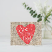 Burlap Red Heart Valentijn Wedding Save Briefkaart (Staand voorkant)