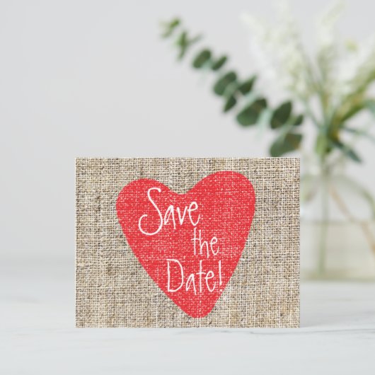Burlap Red Heart Valentijn Wedding Save Briefkaart (Staand voorkant)