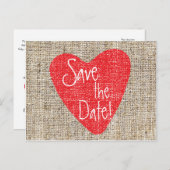 Burlap Red Heart Valentijn Wedding Save Briefkaart (Voorkant / Achterkant)