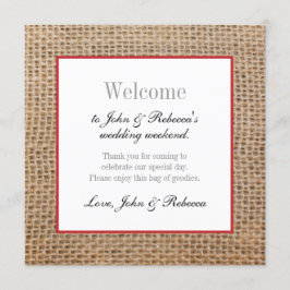 Burlap & Rode bruiloft Welkom Kaart