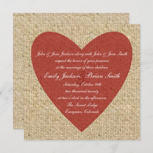 Burlap rood hart rustieke bruiloft uitnodigingen (Voorkant / Achterkant)