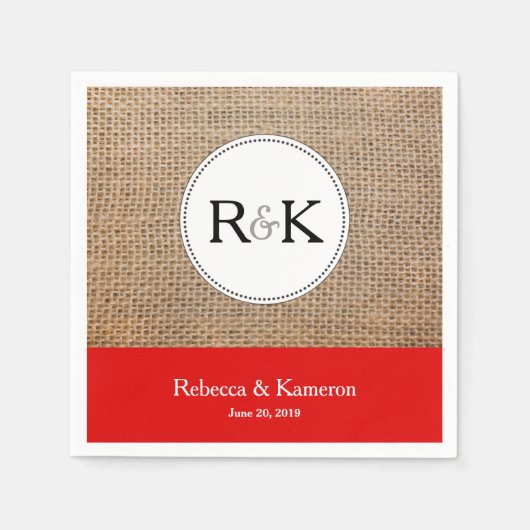 Burlap & Rood Monogrammed Bruiloft Servet (Voorkant)