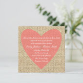 Burlap roze hartrustige trouwuitnodigingen kaart (Staand voorkant)
