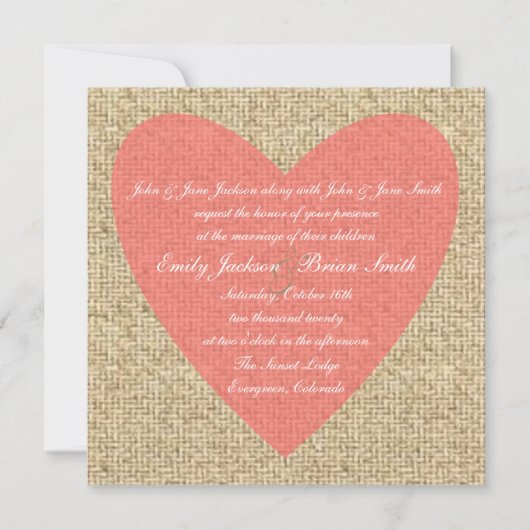 Burlap roze hartrustige trouwuitnodigingen kaart (Voorkant)