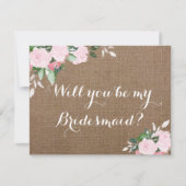 Burlap Roze Pioenen Bruidsmeisje Voorstel Kaart (Voorkant)