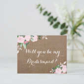 Burlap Roze Pioenen Bruidsmeisje Voorstel Kaart (Staand voorkant)