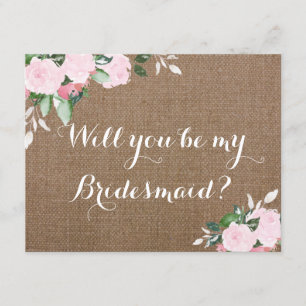 Burlap Roze Pioenen Bruidsmeisje Voorstel Kaart