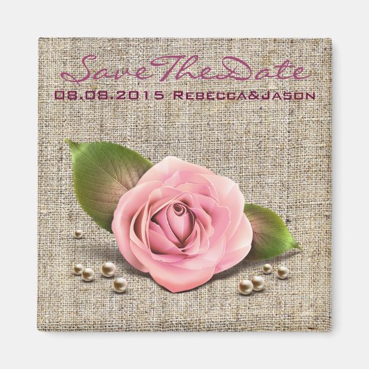 burlap roze roos rustige lente bruiloft magneet (Voorkant)