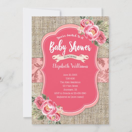 Burlap roze Waterverf Flowers Girl Baby shower Kaart (Voorkant)