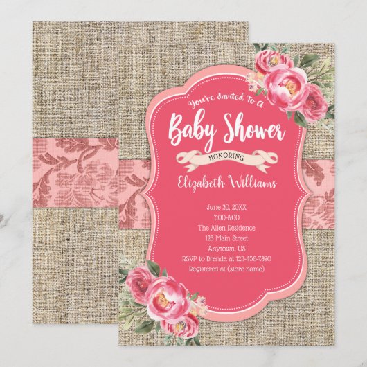 Burlap roze Waterverf Flowers Girl Baby shower Kaart (Voorkant / Achterkant)