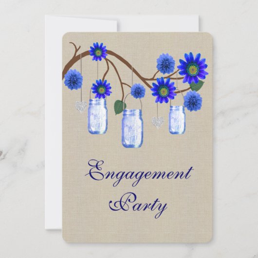 Burlap Rustic Blue Mason Jars Engagement Party Kaart (Voorkant)