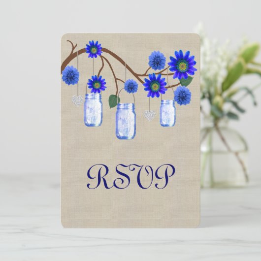 Burlap Rustic Blue Mason Jars Response Kaart (Staand voorkant)