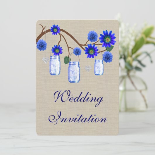 Burlap Rustic Blue Mason Jars Wedding Invitation Kaart (Staand voorkant)