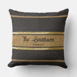 Burlap Rustic Brown Black Gold Custom Name Buitenkussen