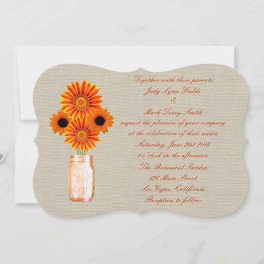 Burlap Rustic Oranje Mason Jar Wedding Invitation Kaart (Voorkant)