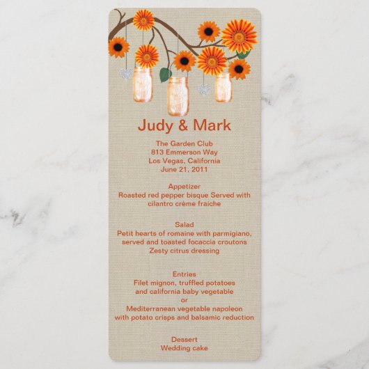 Burlap Rustic Oranje Mason Jars Menu Kaart (Voorkant)