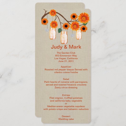 Burlap Rustic Oranje Mason Jars Menu Kaart (Voorkant / Achterkant)