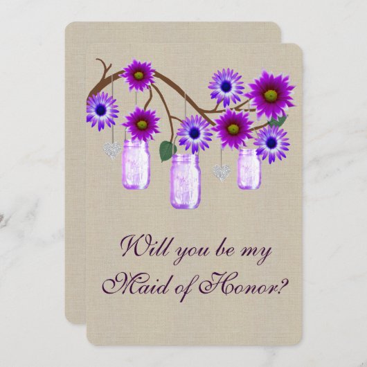 Burlap Rustic Paars Mason Jars Maid of Honor Kaart (Voorkant / Achterkant)