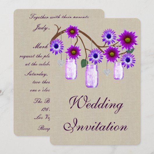 Burlap Rustic Paars Mason Jars Wedding Invitation Kaart (Voorkant / Achterkant)