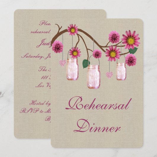 Burlap Rustic Pink Mason Jars Rehearsal Dinner Kaart (Voorkant / Achterkant)