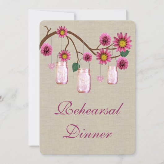 Burlap Rustic Pink Mason Jars Rehearsal Dinner Kaart (Voorkant)