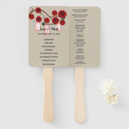 Burlap Rustic Red Floral Mason Jars Wedding Handwaaier (Voorkant en achterkant)