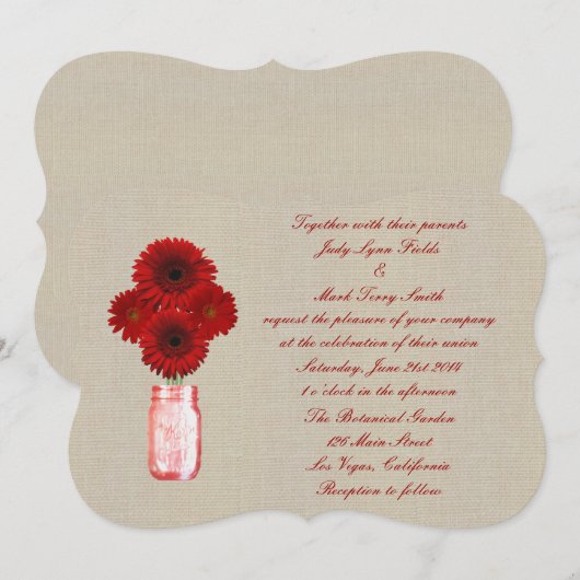 Burlap Rustic Red Mason Jar Wedding Invitation Kaart (Voorkant / Achterkant)