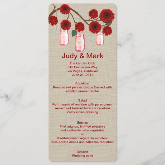 Burlap Rustic Red Mason Jars Menu Kaart (Voorkant)