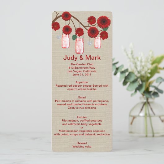 Burlap Rustic Red Mason Jars Menu Kaart (Staand voorkant)
