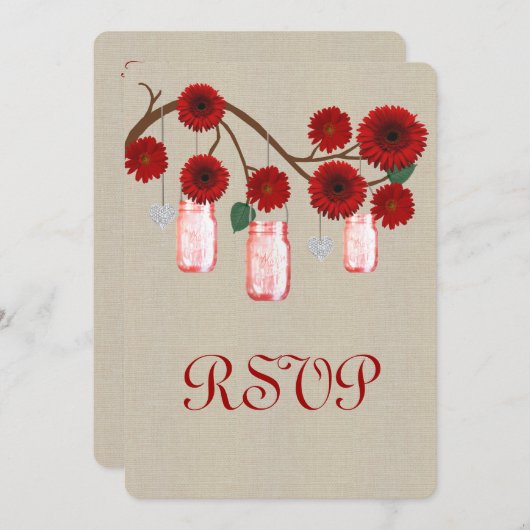 Burlap Rustic Red Mason Jars Response Kaart (Voorkant / Achterkant)
