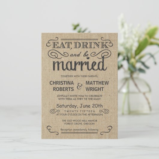 Burlap Rustic Style Wedding-uitnodigingen Kaart (Staand voorkant)