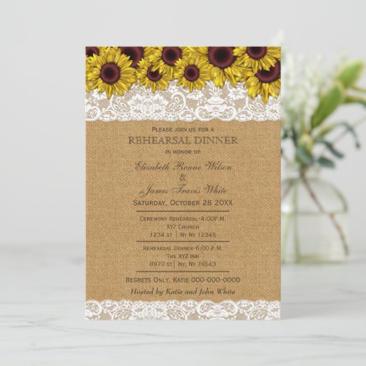 Burlap Rustic Sunflower repetial-uitnodigingen voo Kaart (Staand voorkant)