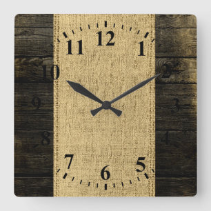  Burlap Rustic Wood Kijk #4 Vierkante Klok