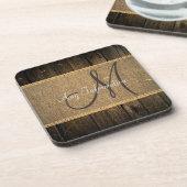 Burlap Rustic Wood Kijk Monogram #5 Drankjes Onderzetter (Linkerzijde)