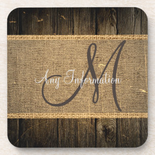  Burlap Rustic Wood Kijk Monogram #5 Drankjes Onderzetter